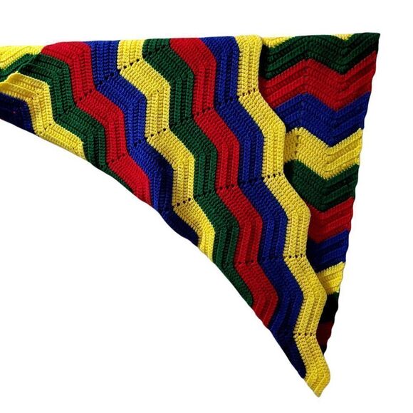 Handmade Zig Zag Crochet Afghan Blanket Chevron Vibrant Multicolor 37" x 55" - Picture 8 of 10